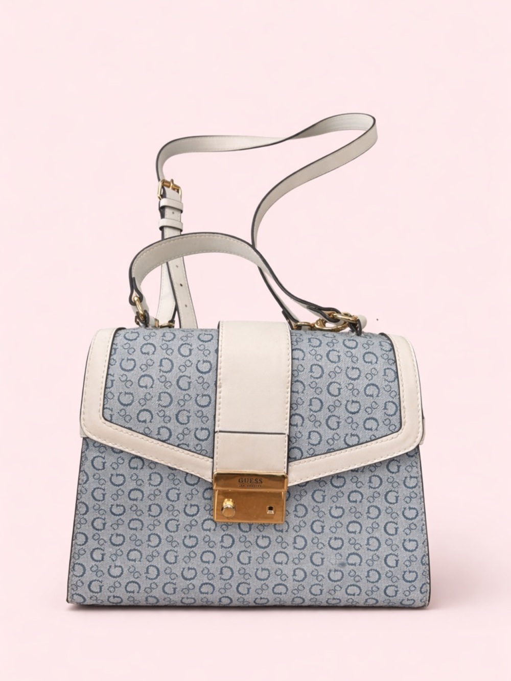 GUESS Blue Monogram Satchel with White Trim and Gold Hardware